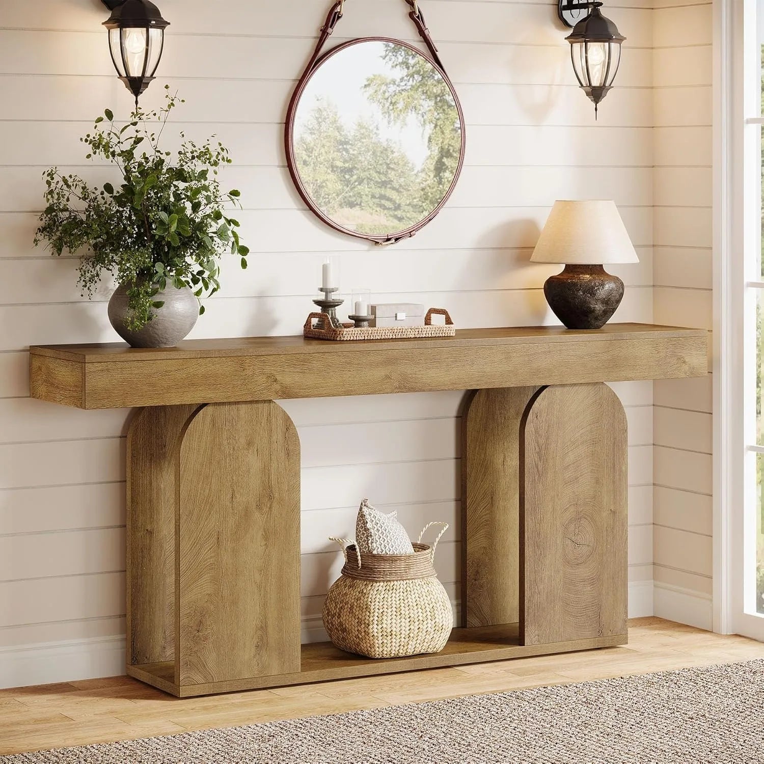 70.9-Inch Extra Long Farmhouse Console Table, 2-Tier Storage Shelf
