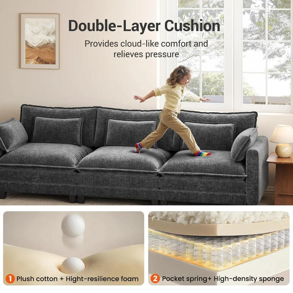 U-Shaped Modular Sectional, Movable Ottoman, 5-Seat Chenille Deep Seat Couch Pillows