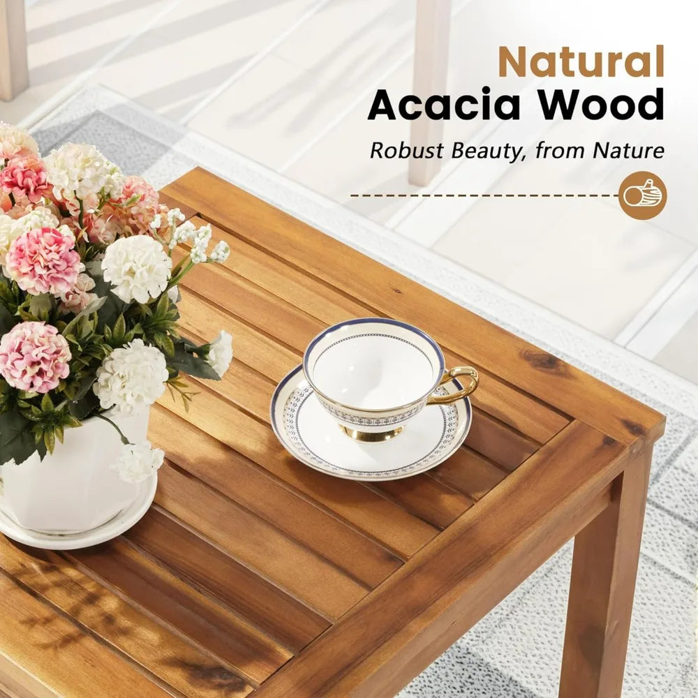 3 Piece Acacia Wood Patio Coffee Table, Chairs & Cushions
