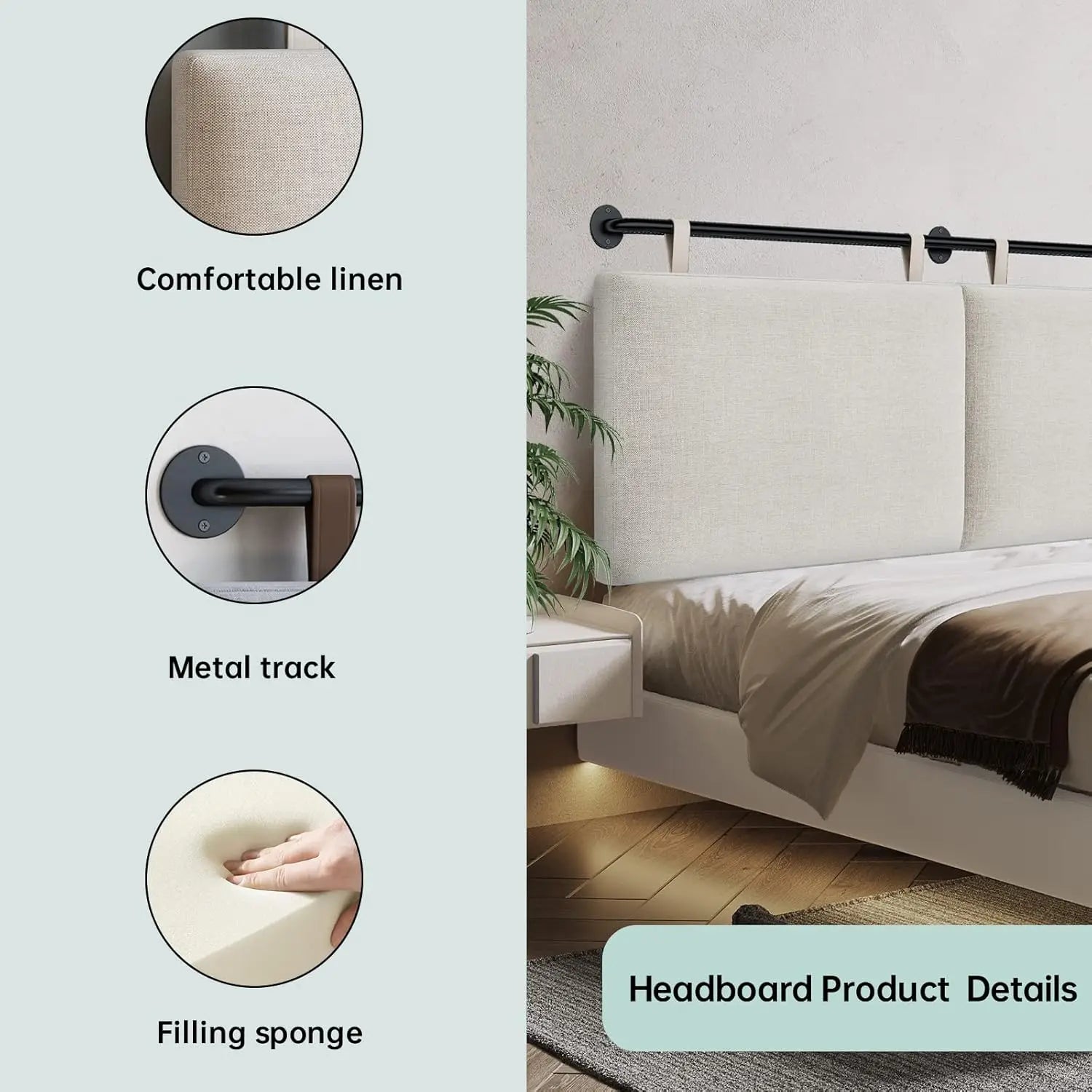 King Size Wall Mounted Upholstered Headboard Linen Fabric, Beige