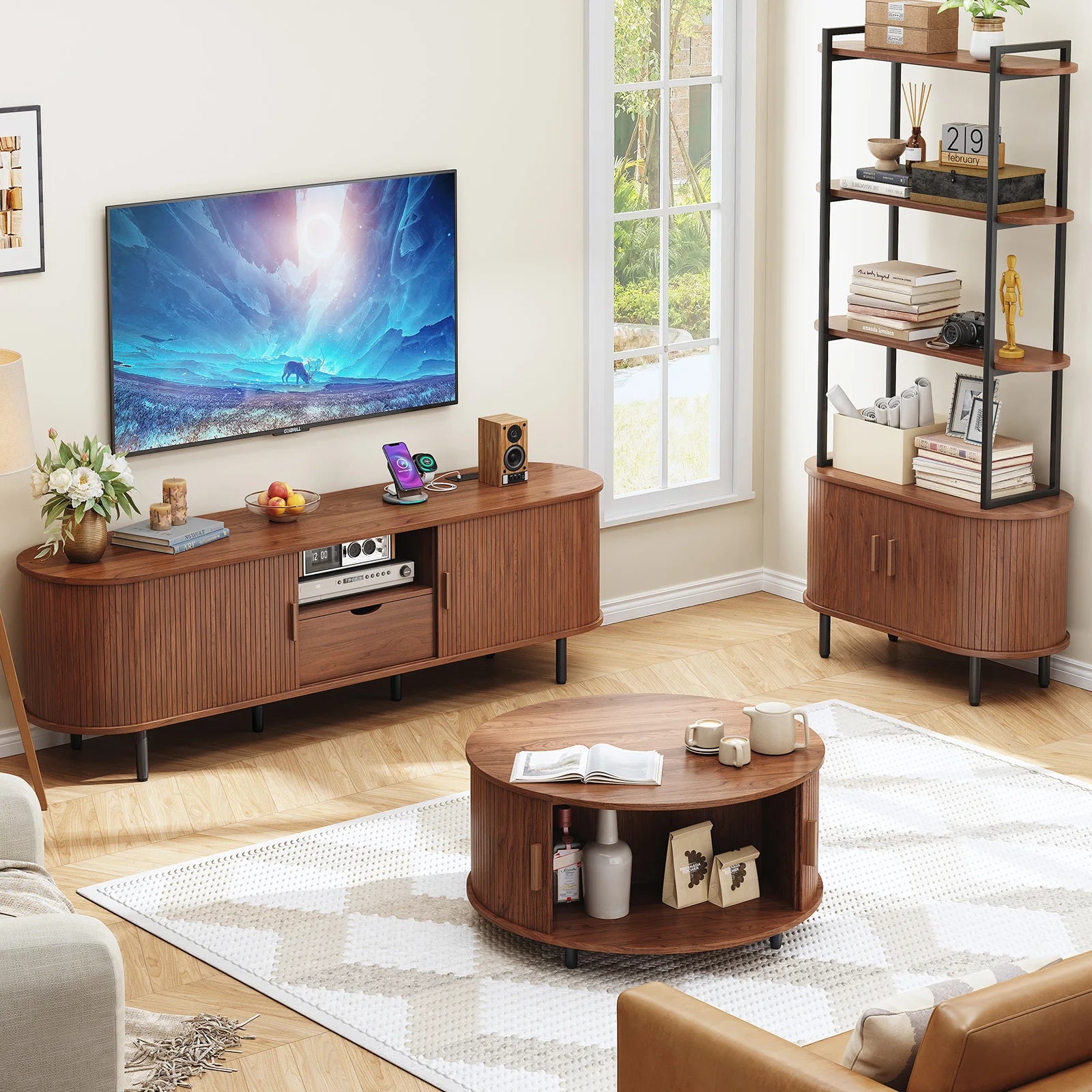 69IN TV Console for TVs up to 80", with Storage, Drawer and Adjustable Shelves