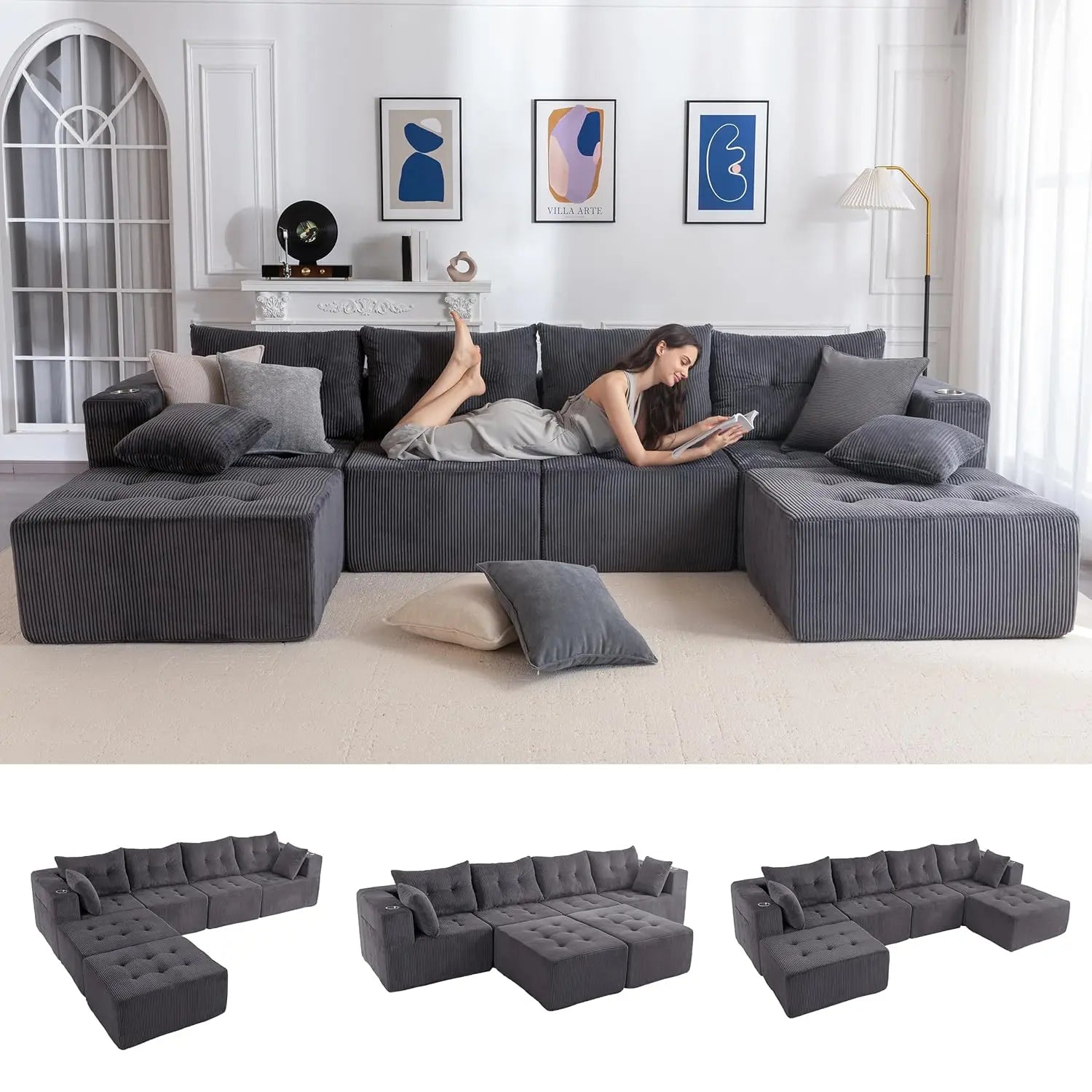 129.5" U Shaped Sectional, 2 Ottomans, Tufted Cloud 6 Seat Sleeper