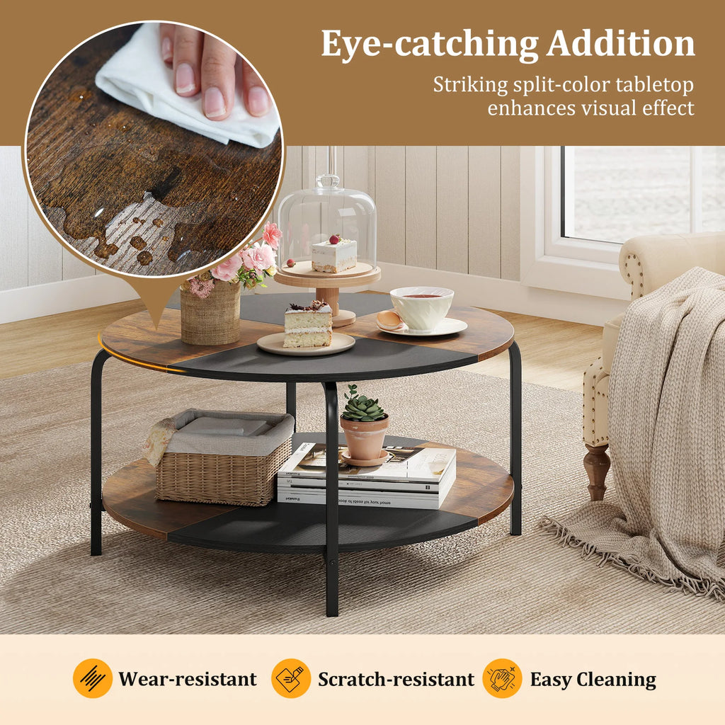 2-Tier Round Coffee Table w/ Storage Shelf, Metal Frame