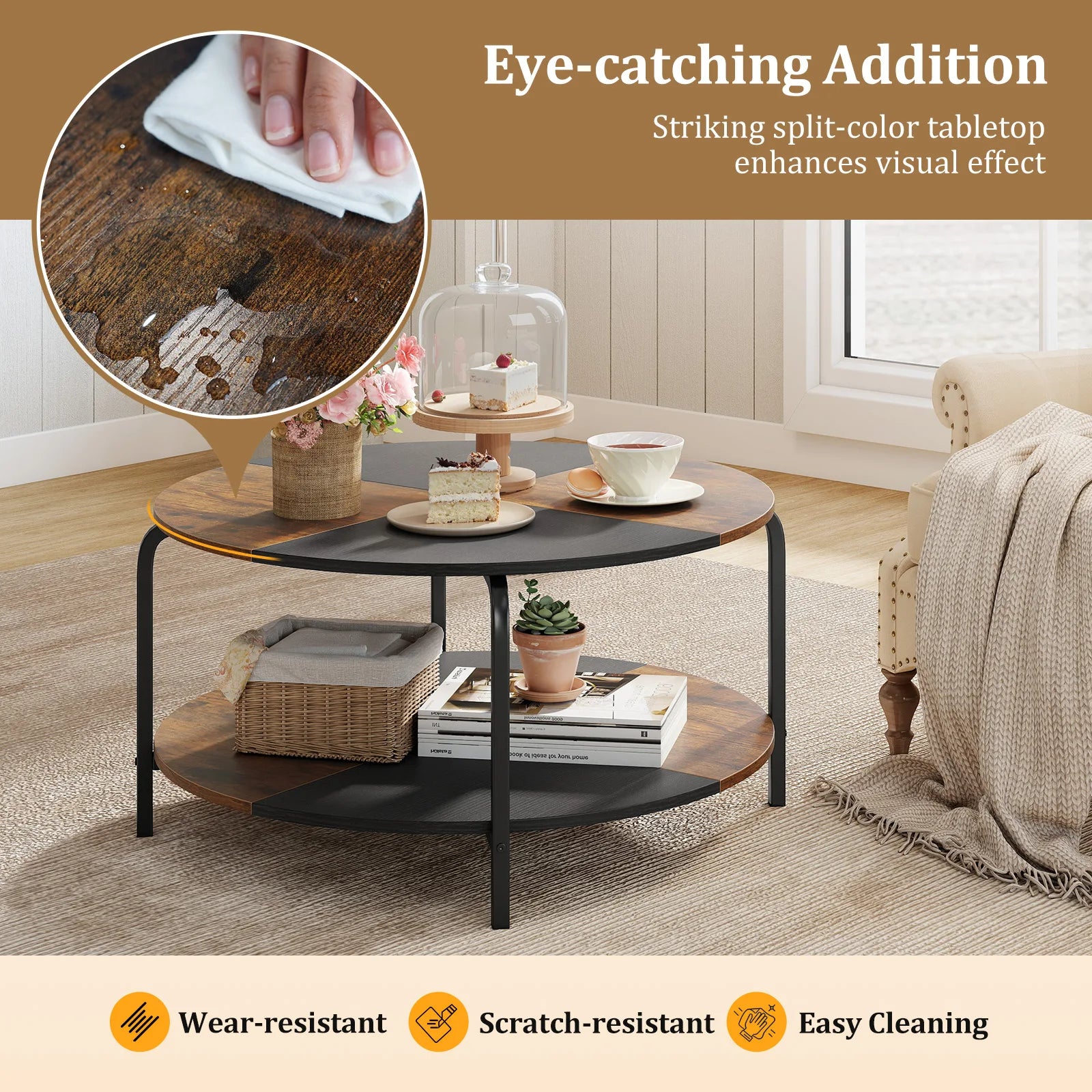 2-Tier Round Coffee Table w/ Storage Shelf, Metal Frame