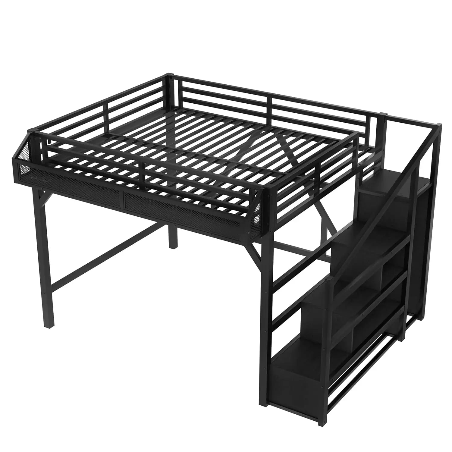 Metal Queen Size Heavy Duty Loft Bed, Stairs, Wardrobe, LED, Charging Station
