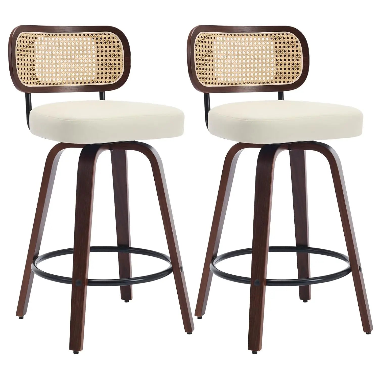 360° Swivel Bar Stools, Low Back Set-of-2, Cherry Wood, Beige PU Upholstered