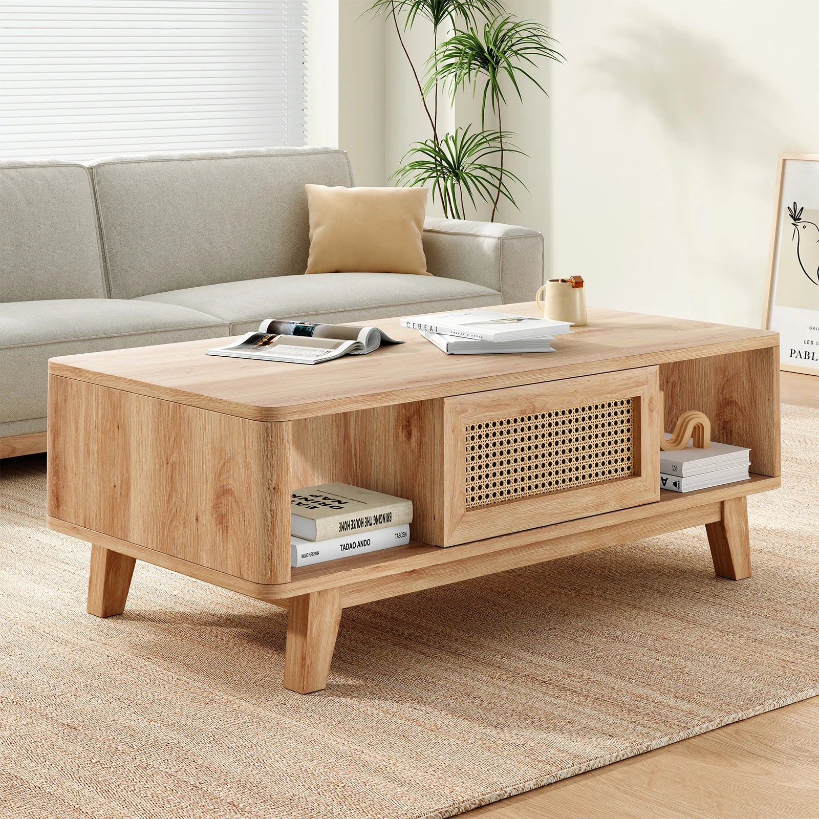 Mid Century Coffee Table, Rattan Drawer, Wood Storage Table