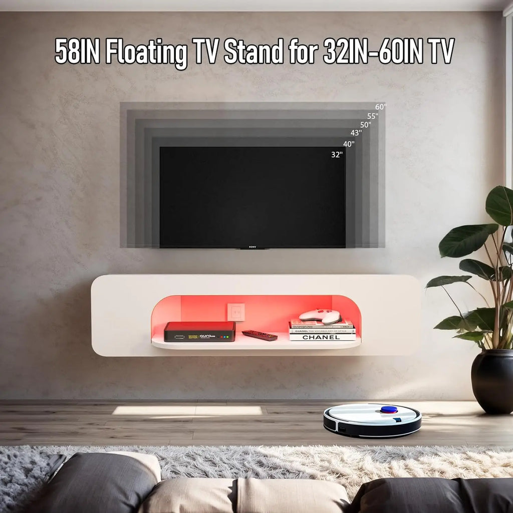 Floating TV Stand LED Lights, 58'' Wall Mounted , 1 Open Shelf