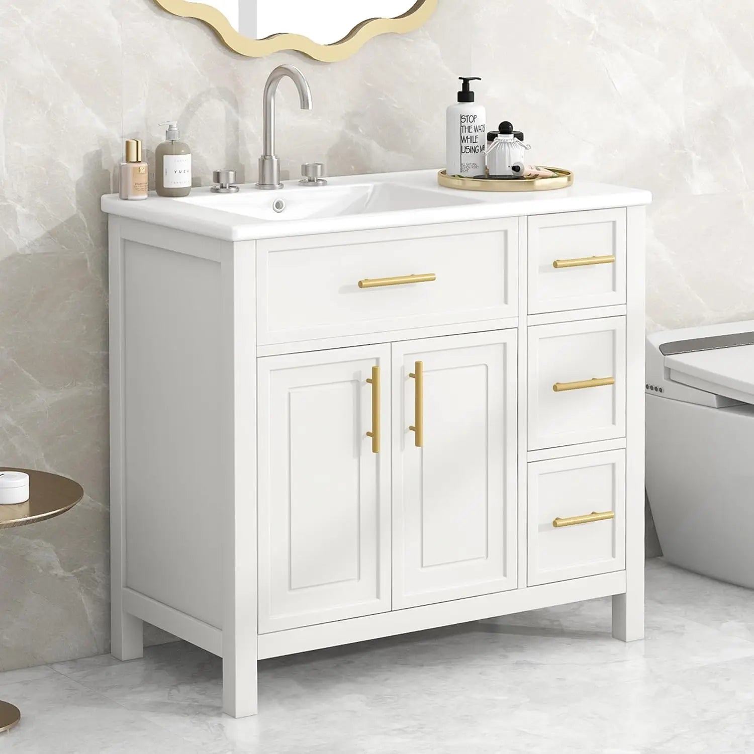 36in Wood Bathroom Vanity/Sink, 3 Drawer Storage Adjustable Shelf.
