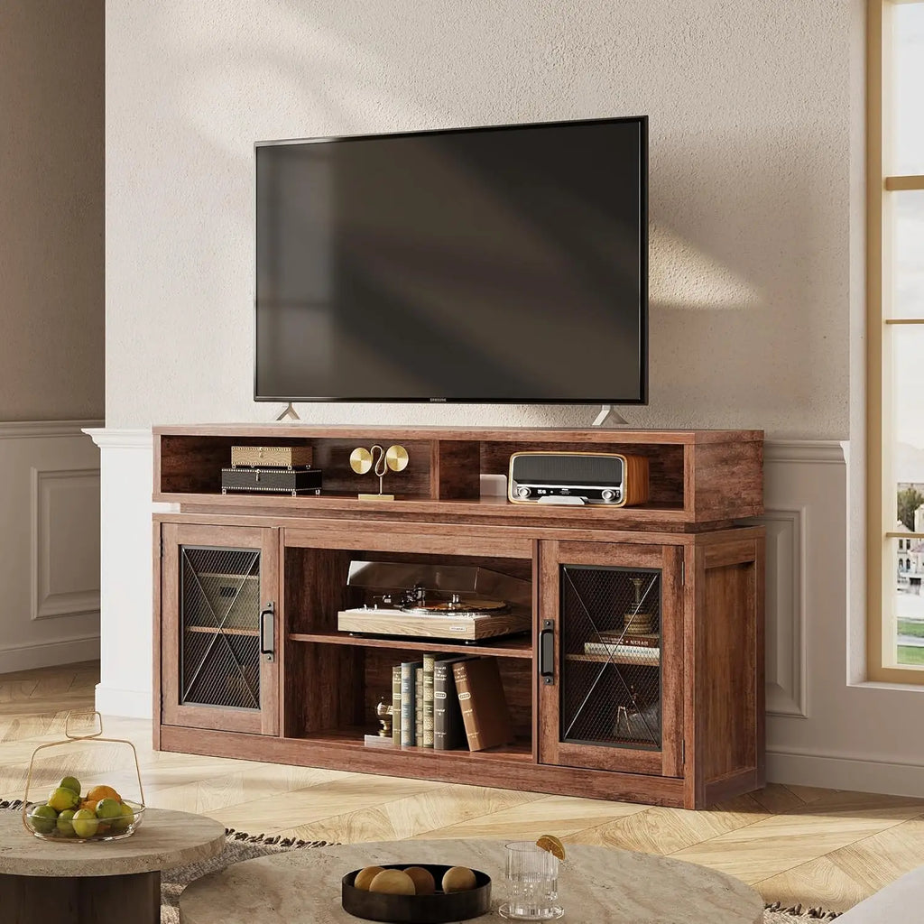 Farmhouse Entertainment Center for TV's Up to 65in, Cabinets, LED Lights