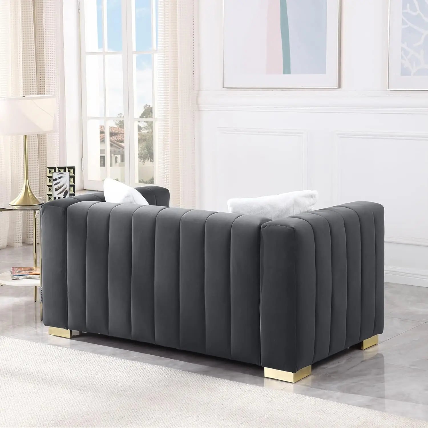 63'' Velvet 2-Seater Loveseat Metal Base Legs 2 Pillows