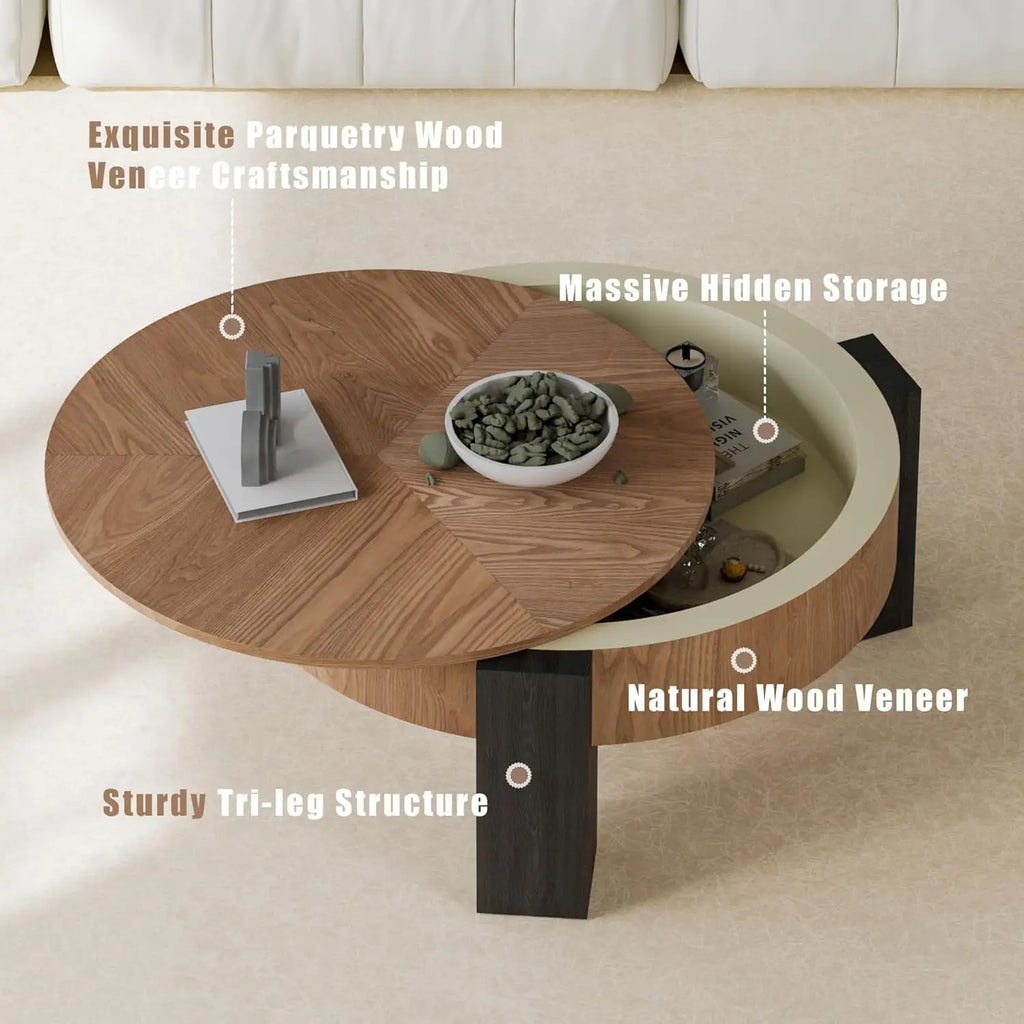 Modern Wabi-Sabi Style Circle Coffee Table Hidden Storage  Wood Center