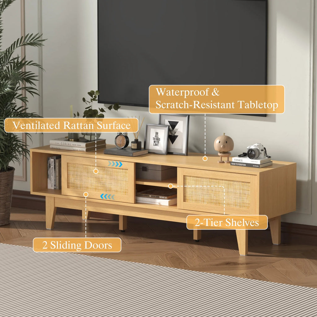 Entertainment Center for 55 65 Inch TV, Rattan, Shelves, Cabinets Sliding Doors