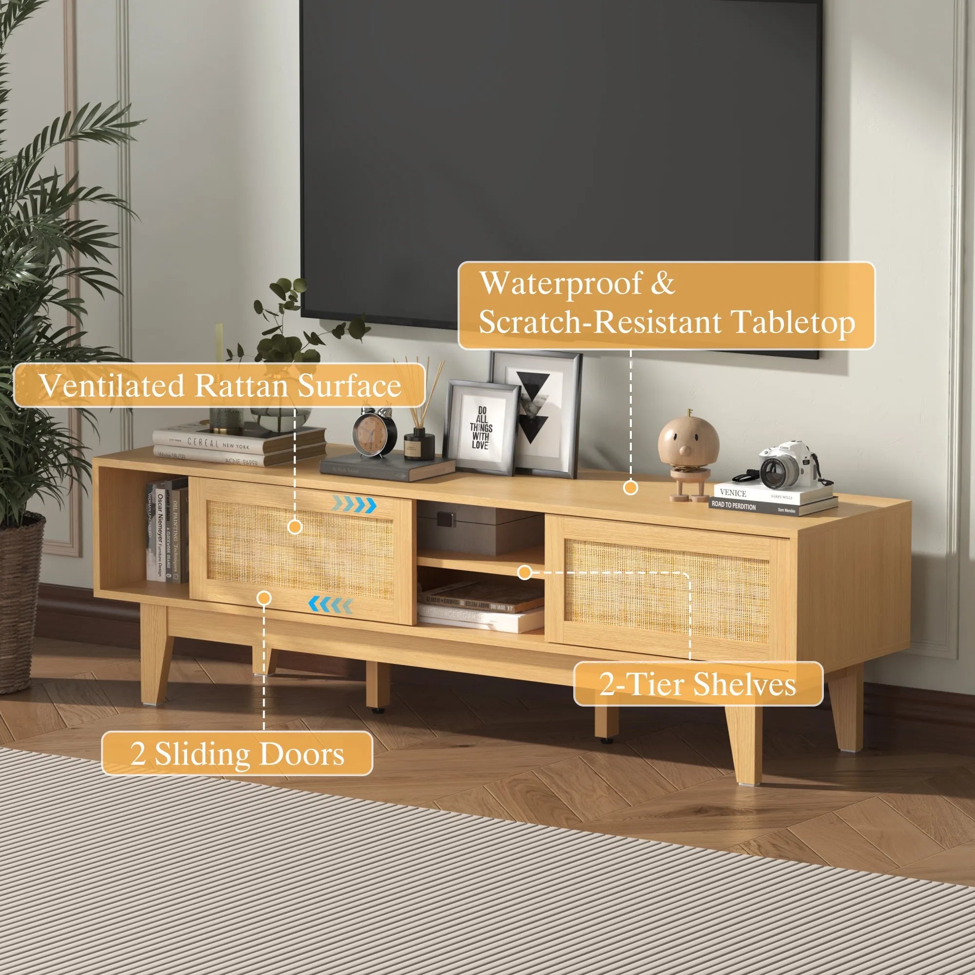Entertainment Center for 55 65 Inch TV, Rattan, Shelves, Cabinets Sliding Doors