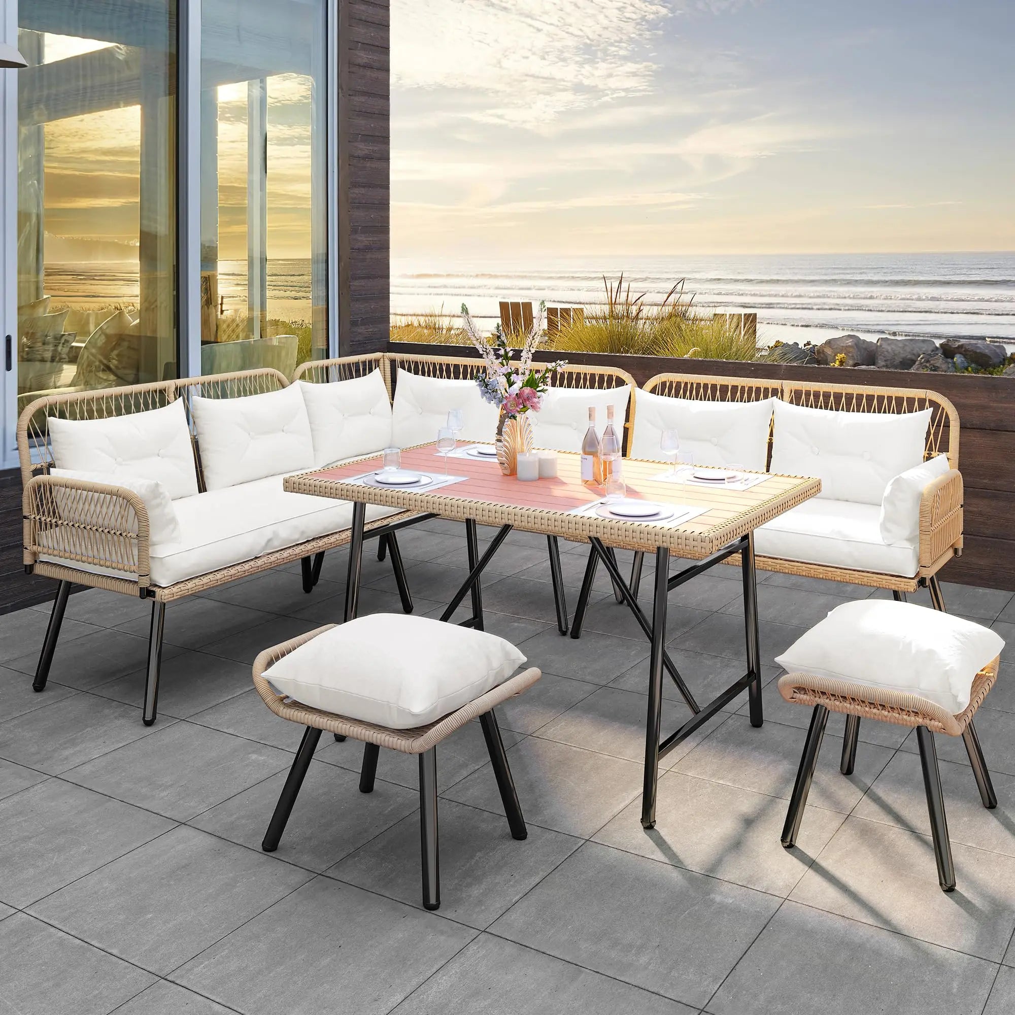 Rattan L-Shaped Patio Sofa Set, Soft Cushions, 2-Ottomans, Plastic Wood Dining Table