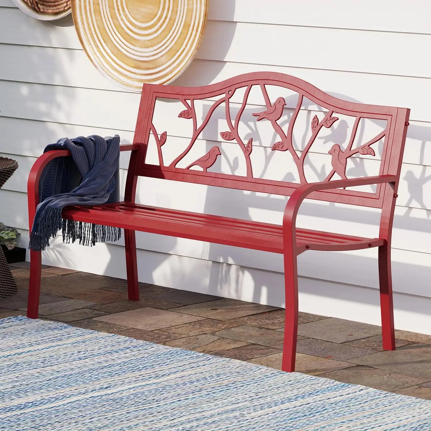 50in Copper Cast Iron Steel Bench, Chair w/Floral Backrest Slatted Seat