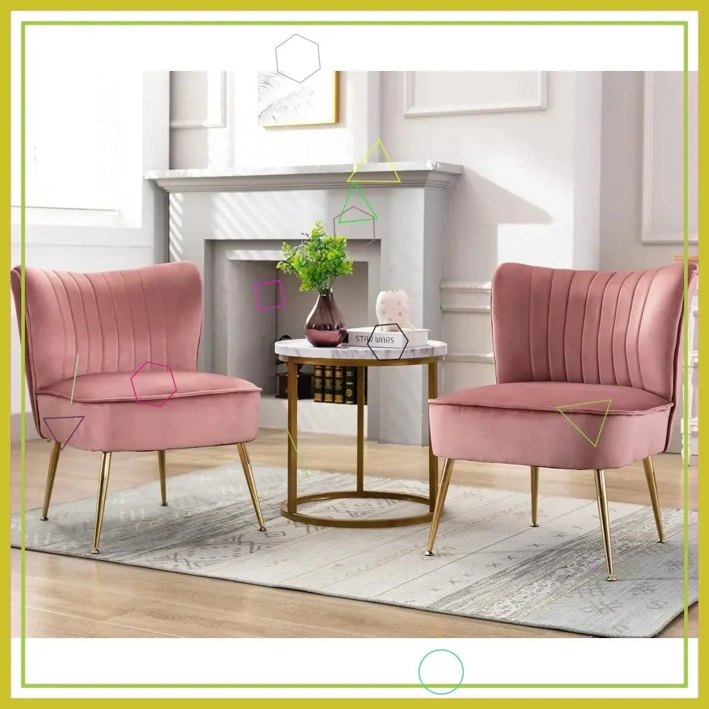 Velvet Accent Chairs Set of 2, Pink Armless Slipper Chairs, Golden Legs
