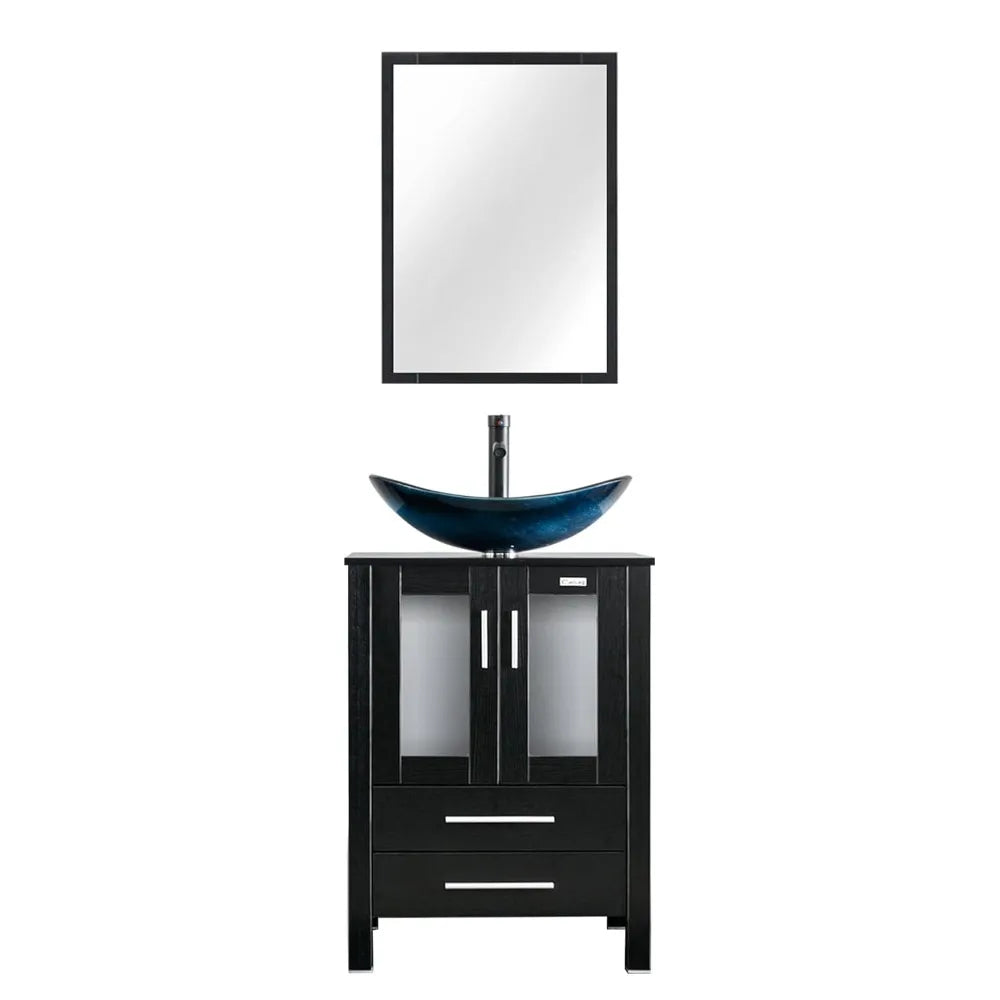 24" Vanity Blue Glass Vessel 2 Drawers Cabinet Soft Closing