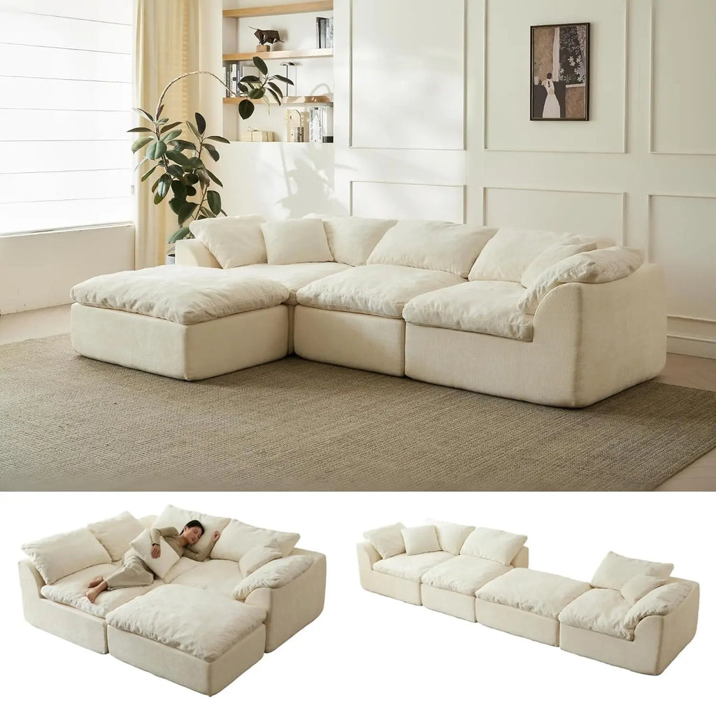 110" Cloud Sectional Couch Convertible L-Shape Boneless, Ottoman, 3 Seater