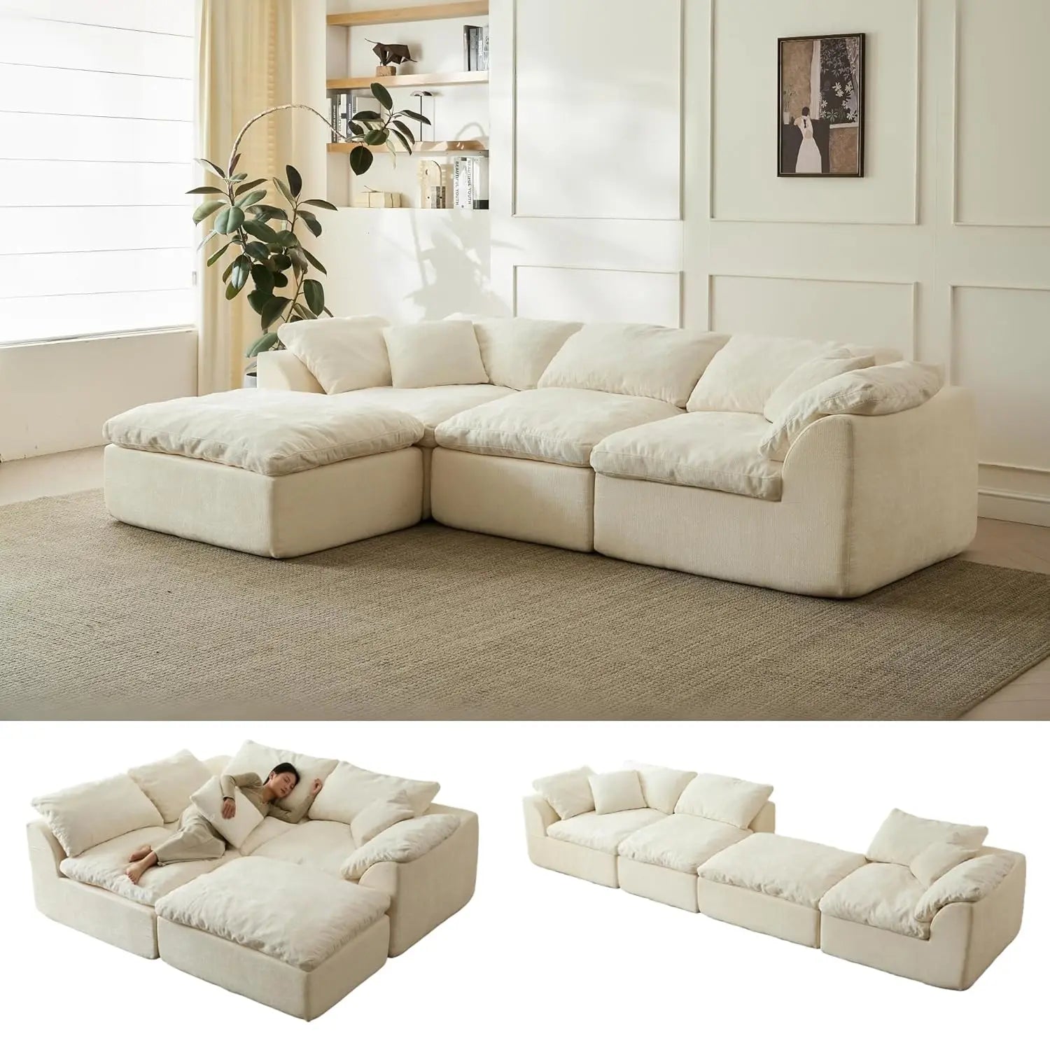110" Cloud Sectional Couch Convertible L-Shape Boneless, Ottoman, 3 Seater