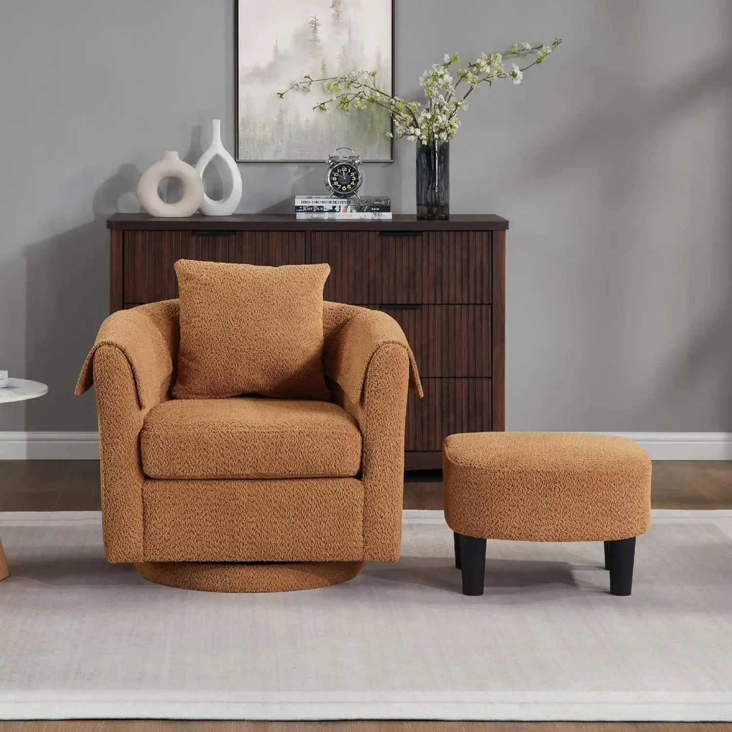 42" Oversized Upholstered Accent Chair, Swivel Barrel Chair, Storage Ottoman