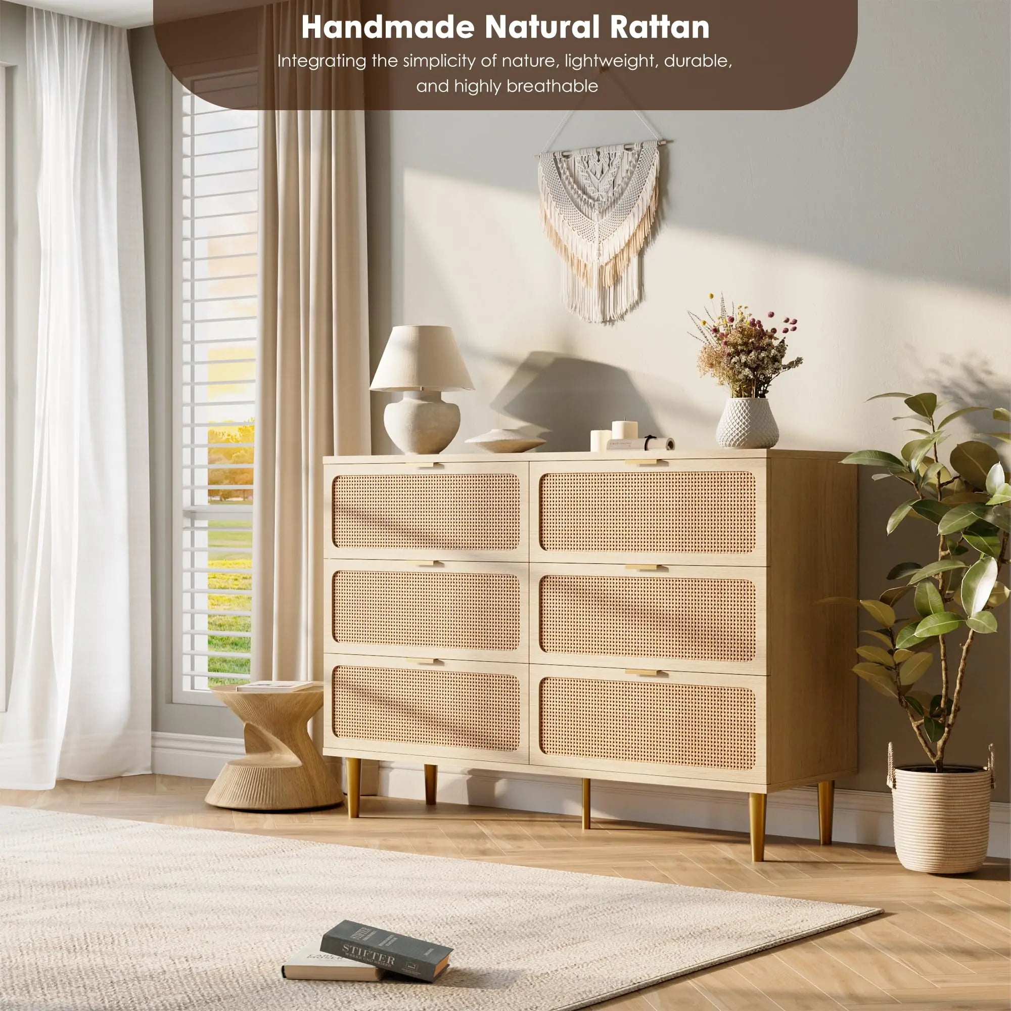 6-Drawer Hand Woven Rattan/Wood Dresser, Natural Deep Drawers