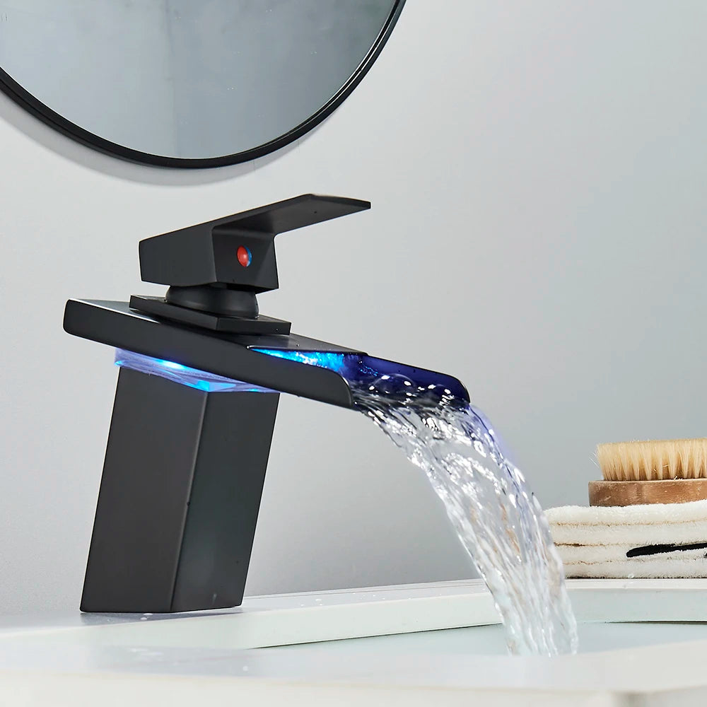 LED Color Changing Waterfall Faucet, Deck Mounted Hot/Cold Mixer Tap