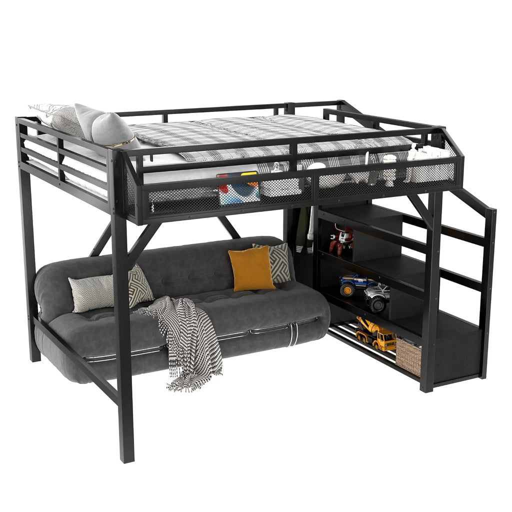 Metal Queen Size Heavy Duty Loft Bed, Stairs, Wardrobe, LED, Charging Station