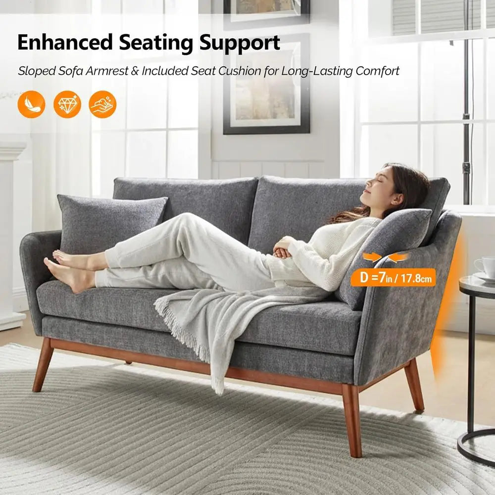 63.5IN Love Seat Couch, Solid Wood 2-Seater, Linen Fabric, Two Pillows