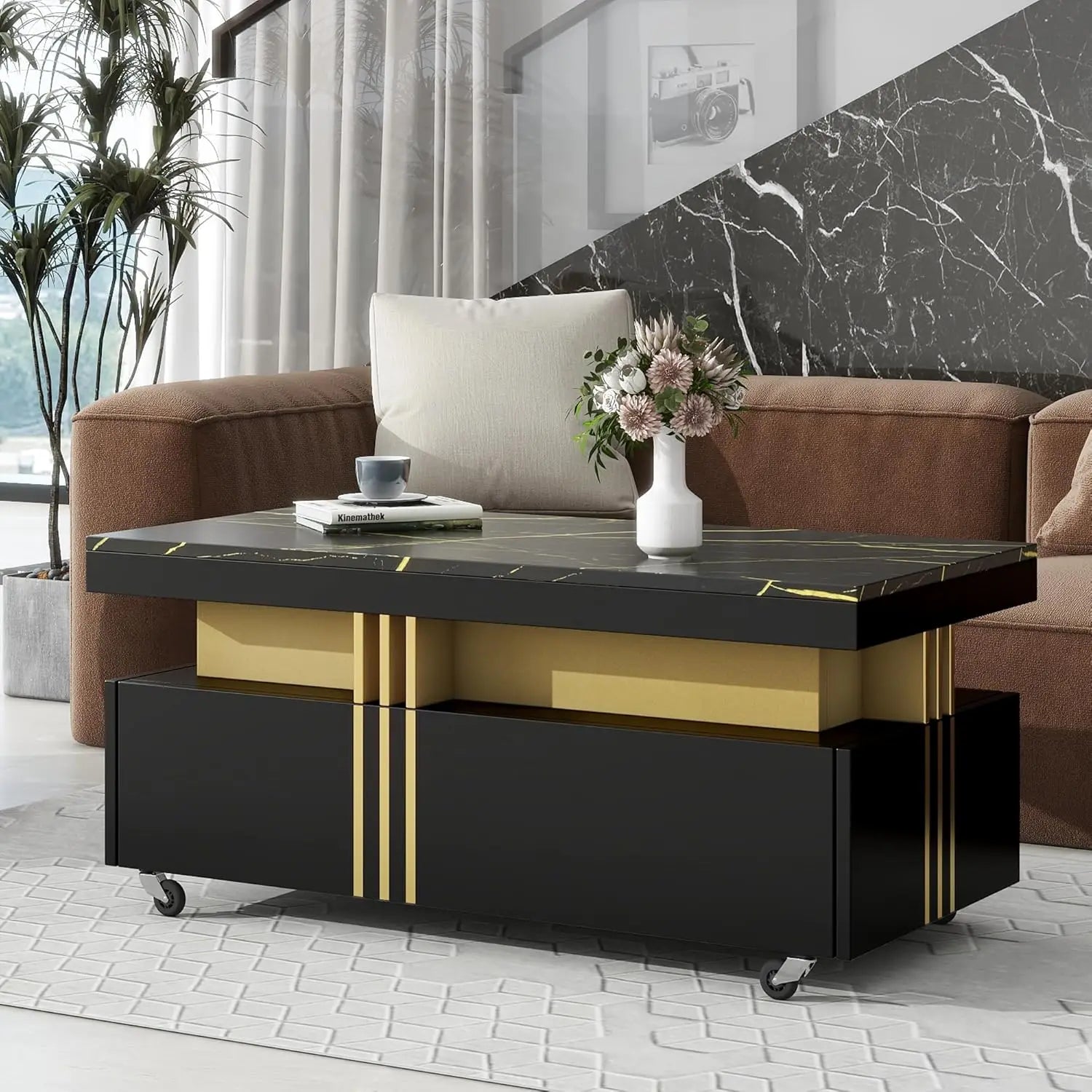 Coffee Table, Faux Marble Top, Rectangular with Caster Wheels.