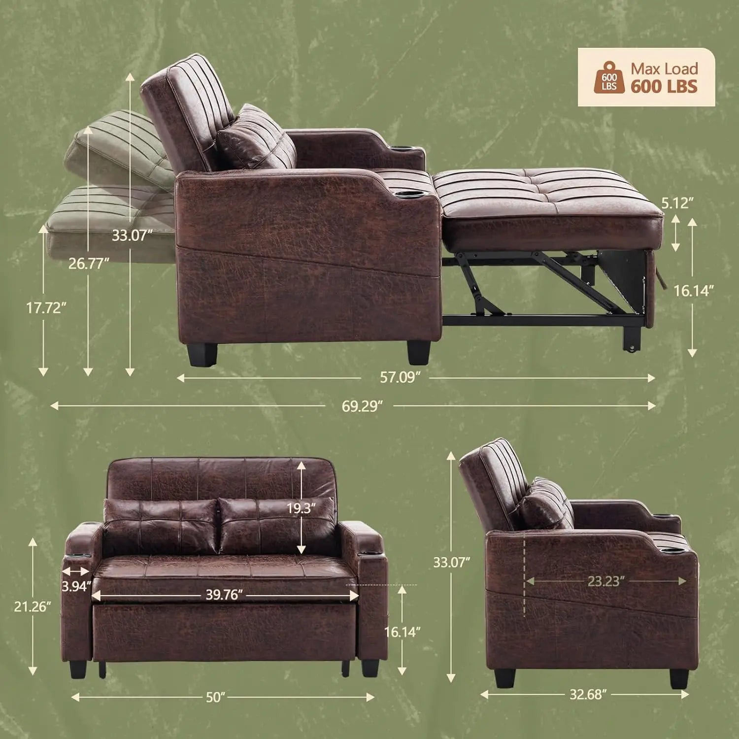 Rustic Futon Convertible Loveseat Sleeper Sofa Couch, Pullout USB Ports