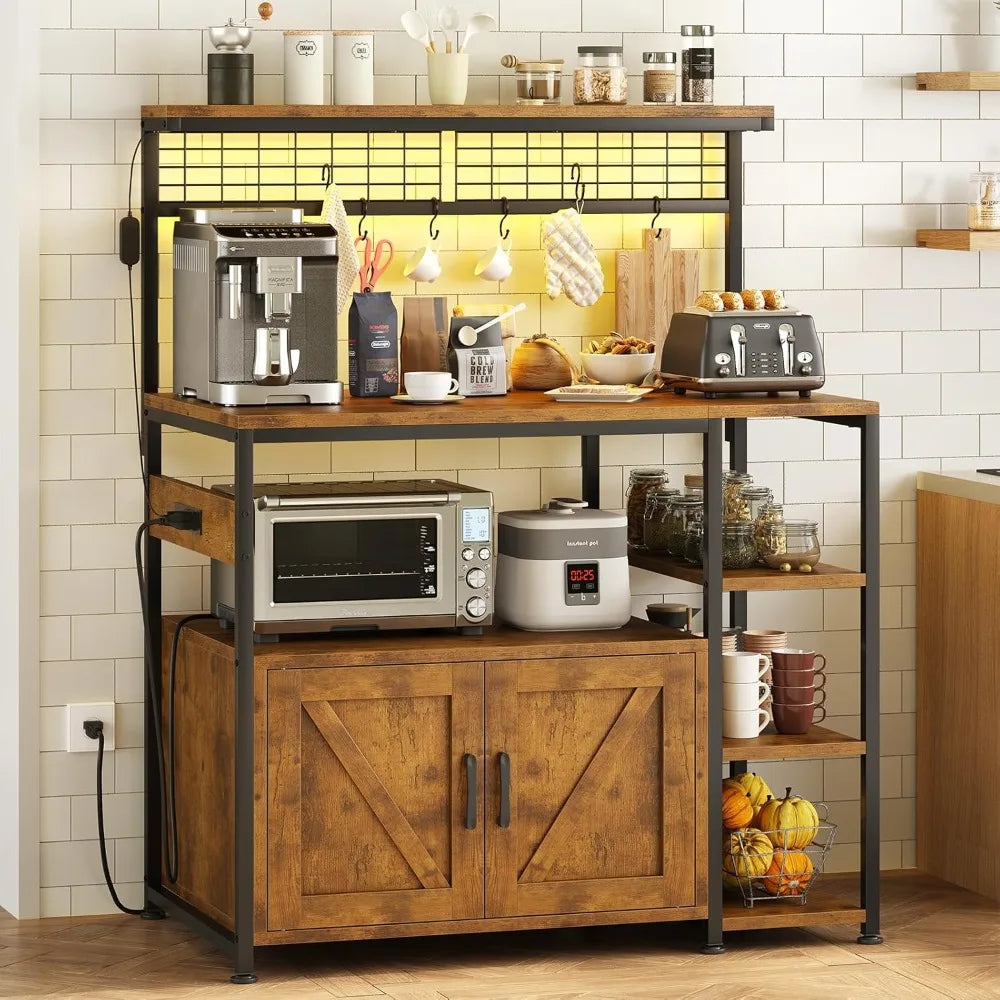 Bakers Rack, Power Outlet, LED Light, Storage Cabinet, Coffee Bar .