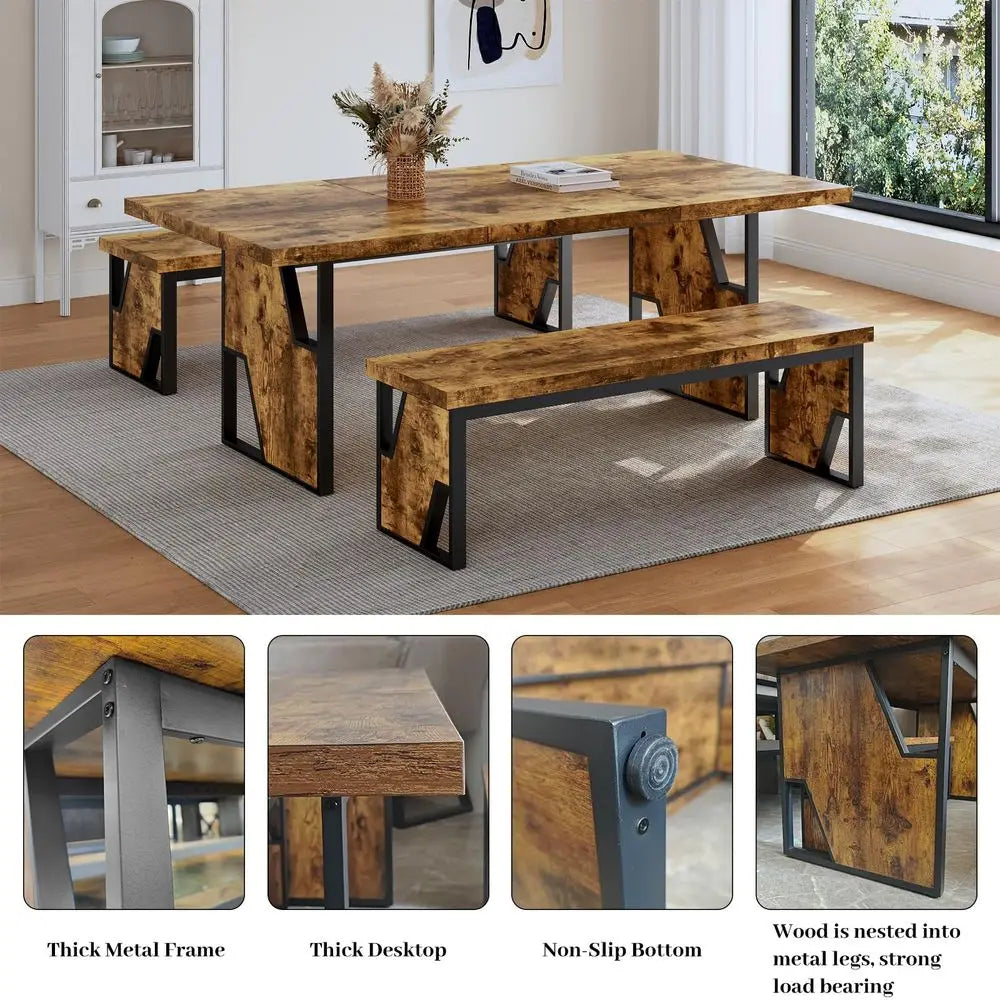 Wood Dining Table 2 Benches for 4-6 People, Thickened MDF