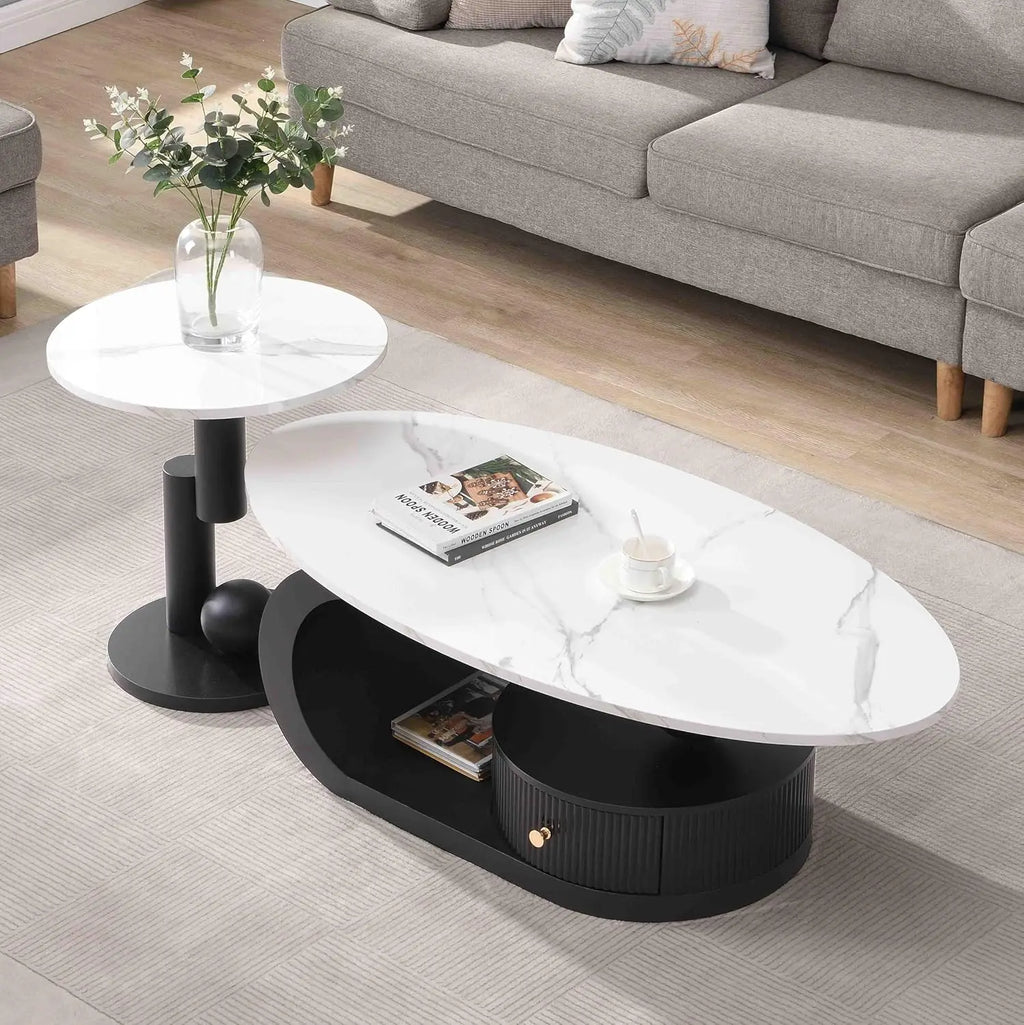 Coffee Table, Silver Stainless Steel Pedestal Oval Faux Marble Top.