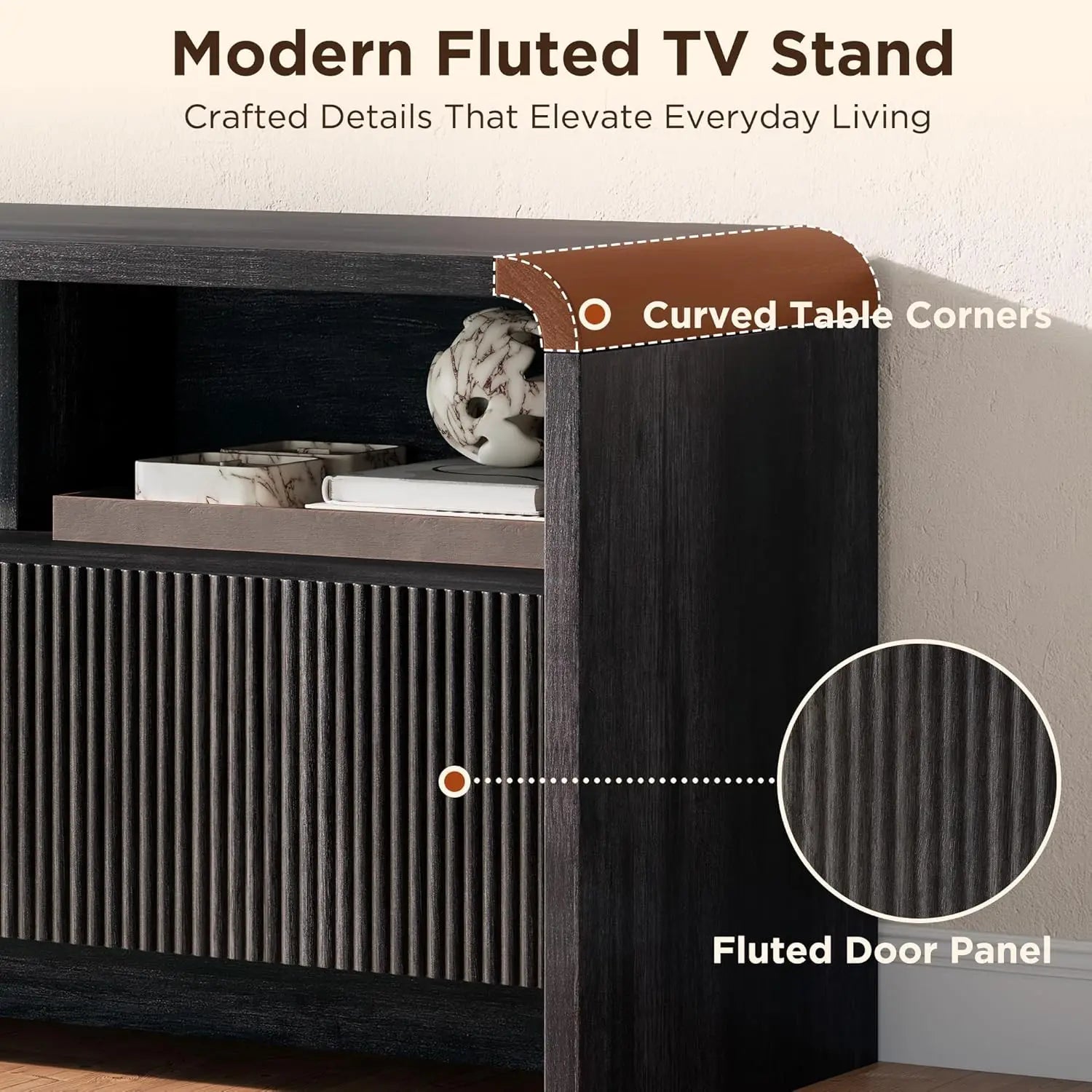 70IN Stand, Vertical Fluted Doors, 2 cabinets, 3 Open Compartments