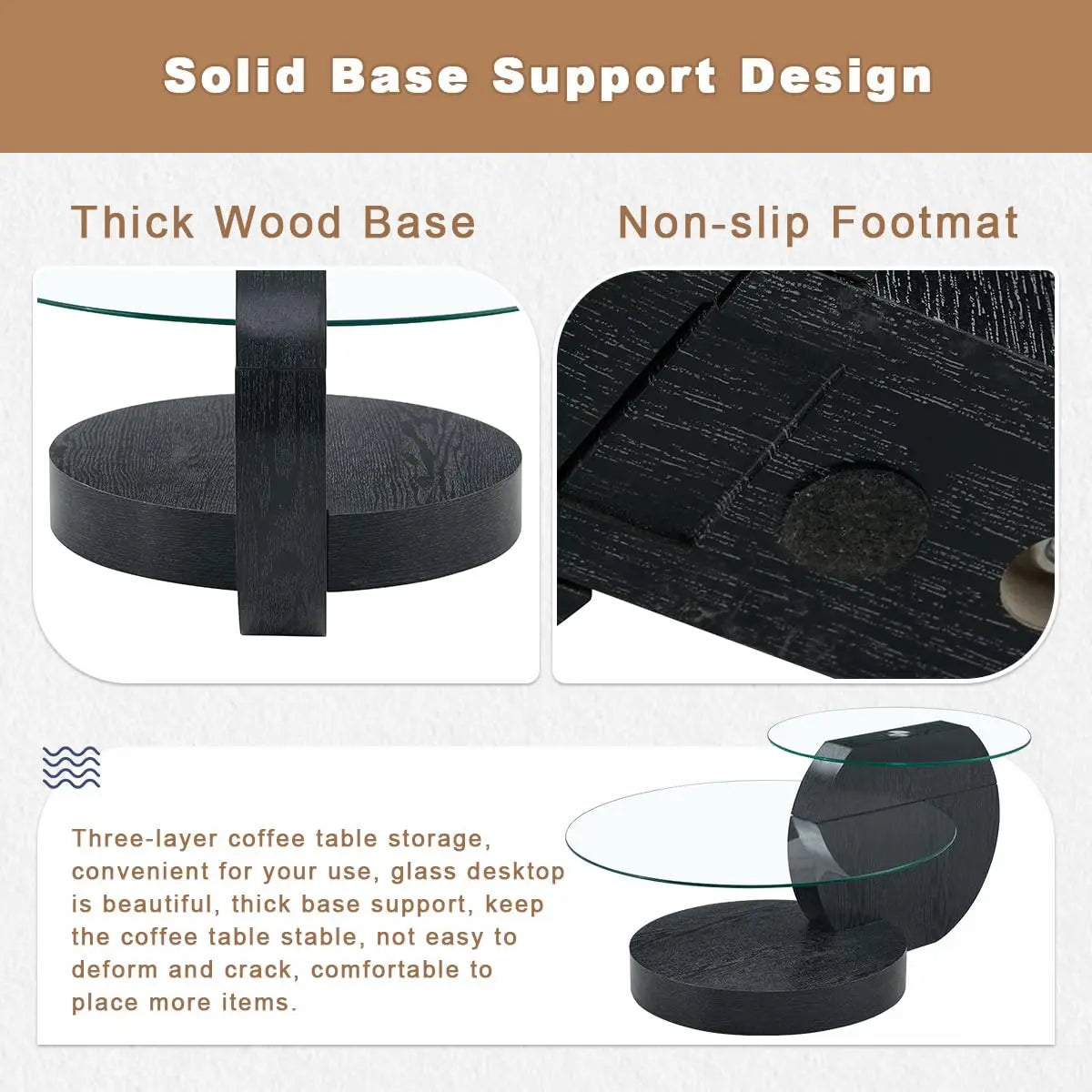 3IN Large Glass Round Coffee Tabletops｜3-Tier Tempered Glass｜