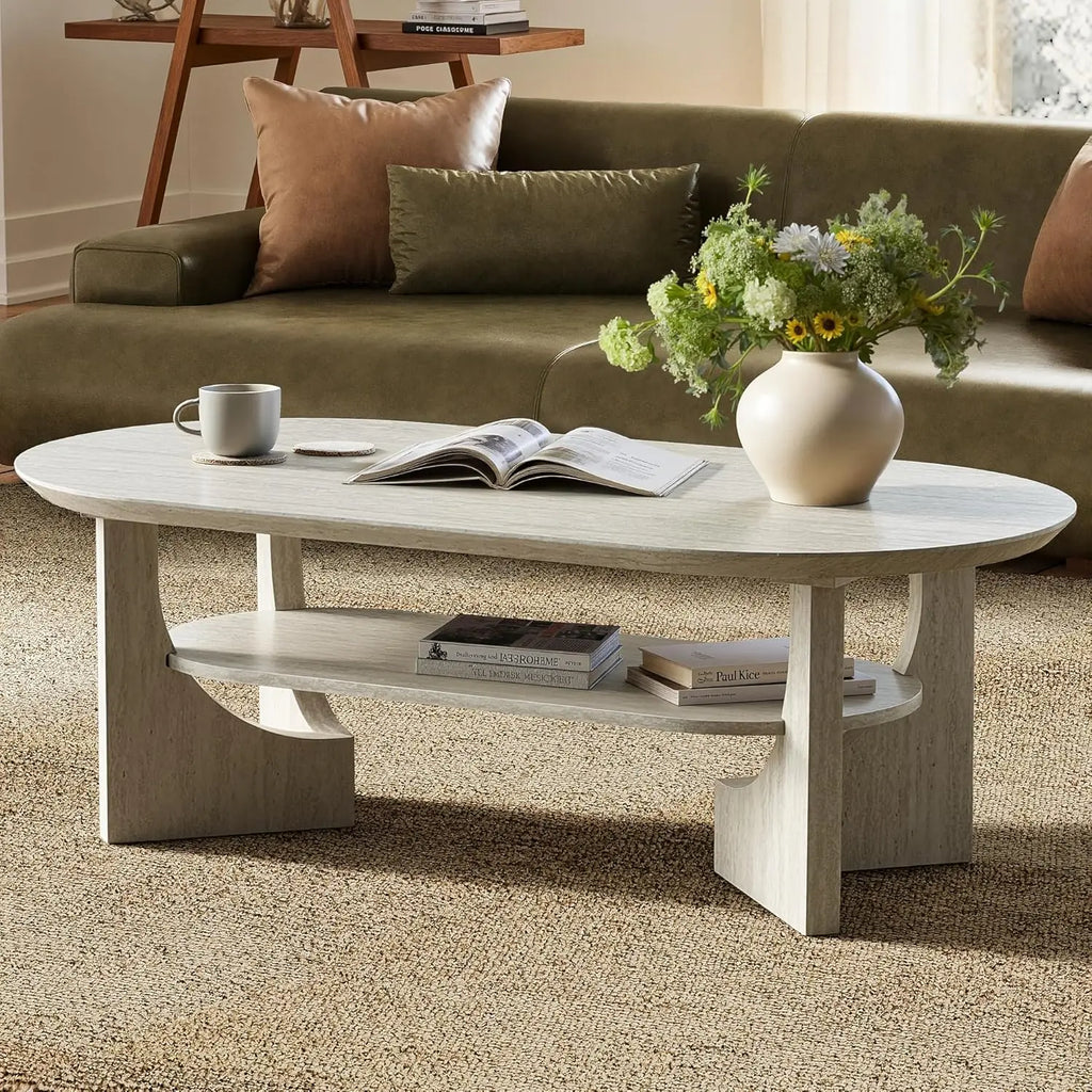 Oval 47IN Coffee Table, 2-Tier Faux Stone, Storage Shelf