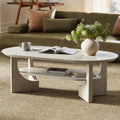 Oval 47IN Coffee Table, 2-Tier Faux Stone, Storage Shelf