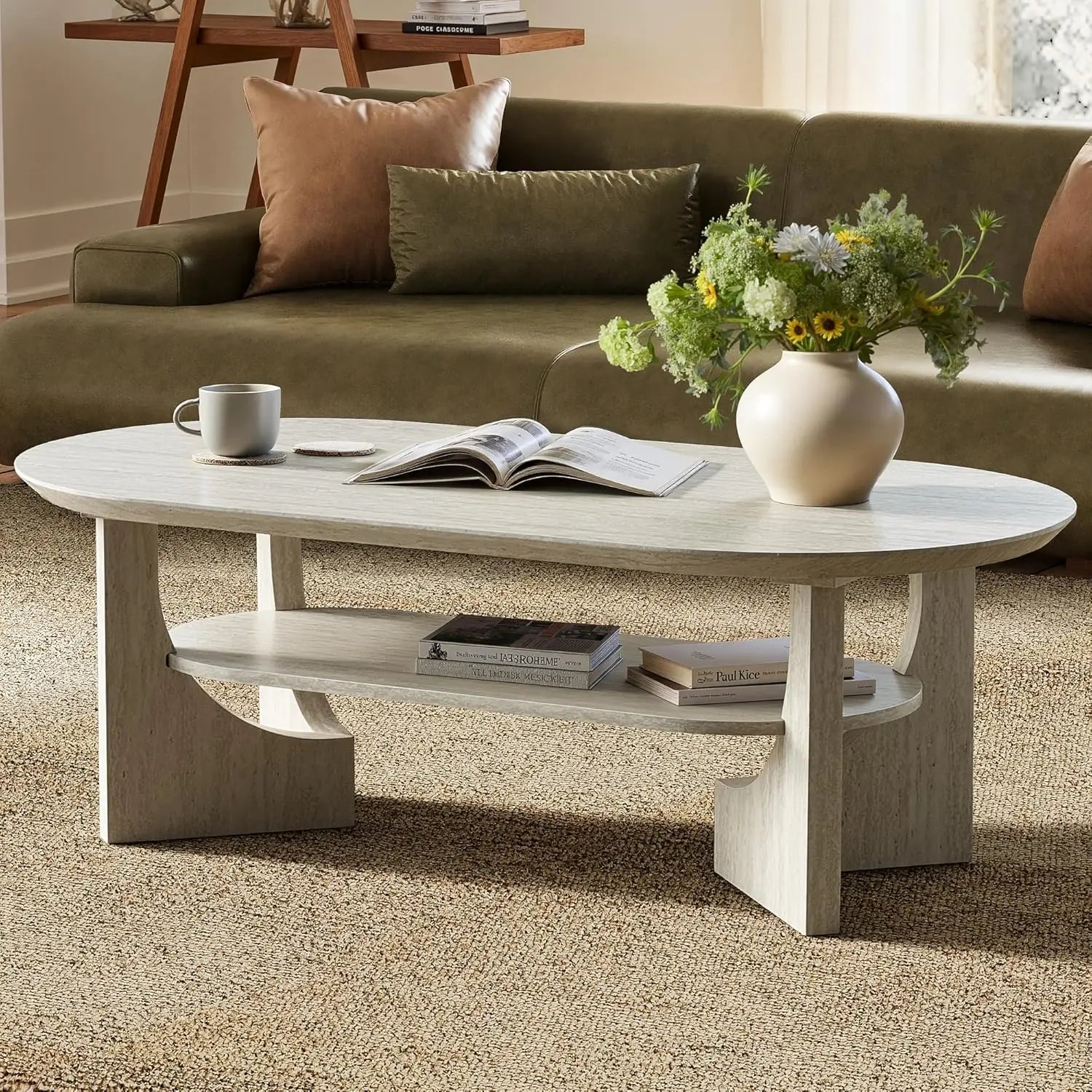 Oval 47IN Coffee Table, 2-Tier Faux Stone, Storage Shelf