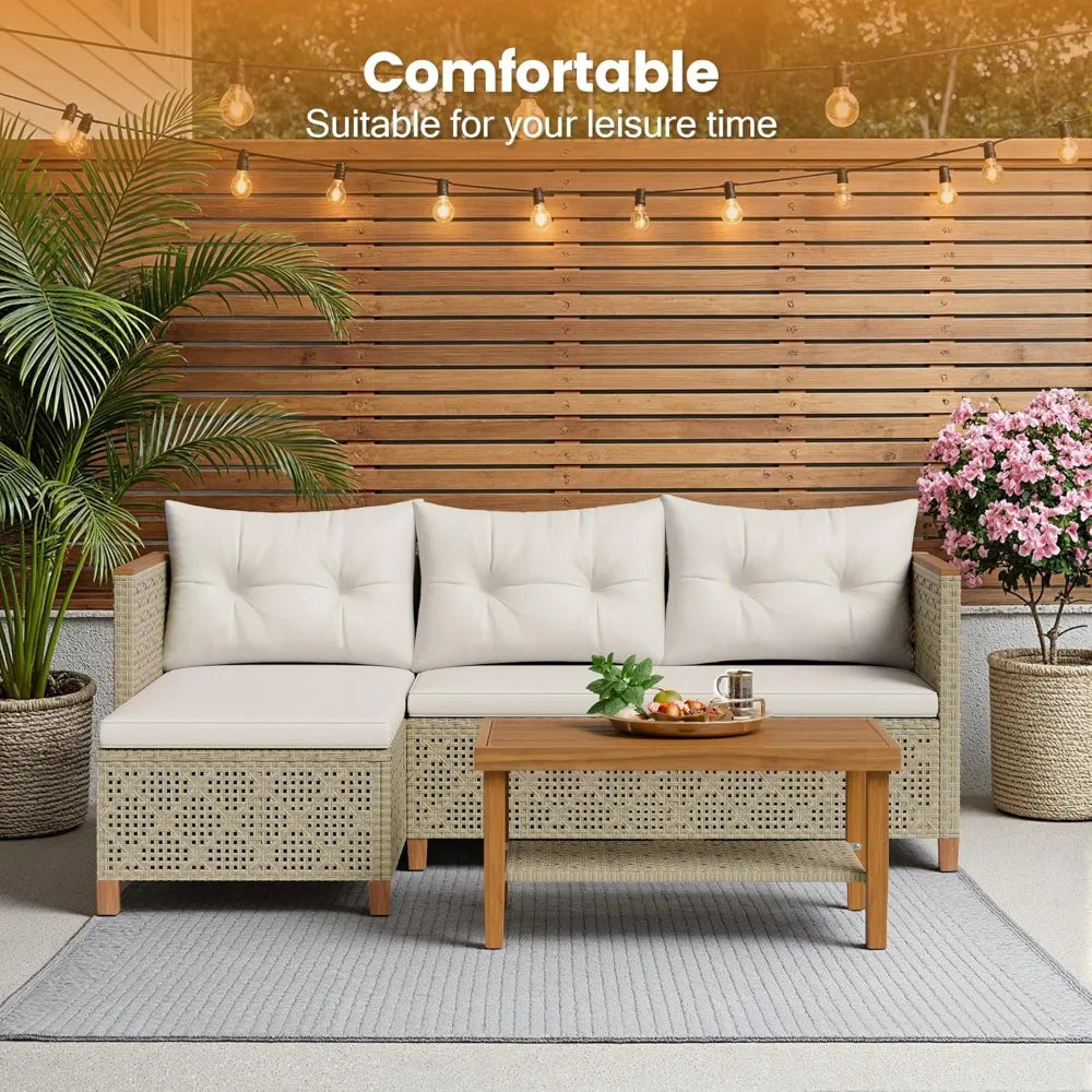 Small Sectional 3-Piece Wicker Patio Furniture Set, Tufted Pillow PE Rattan
