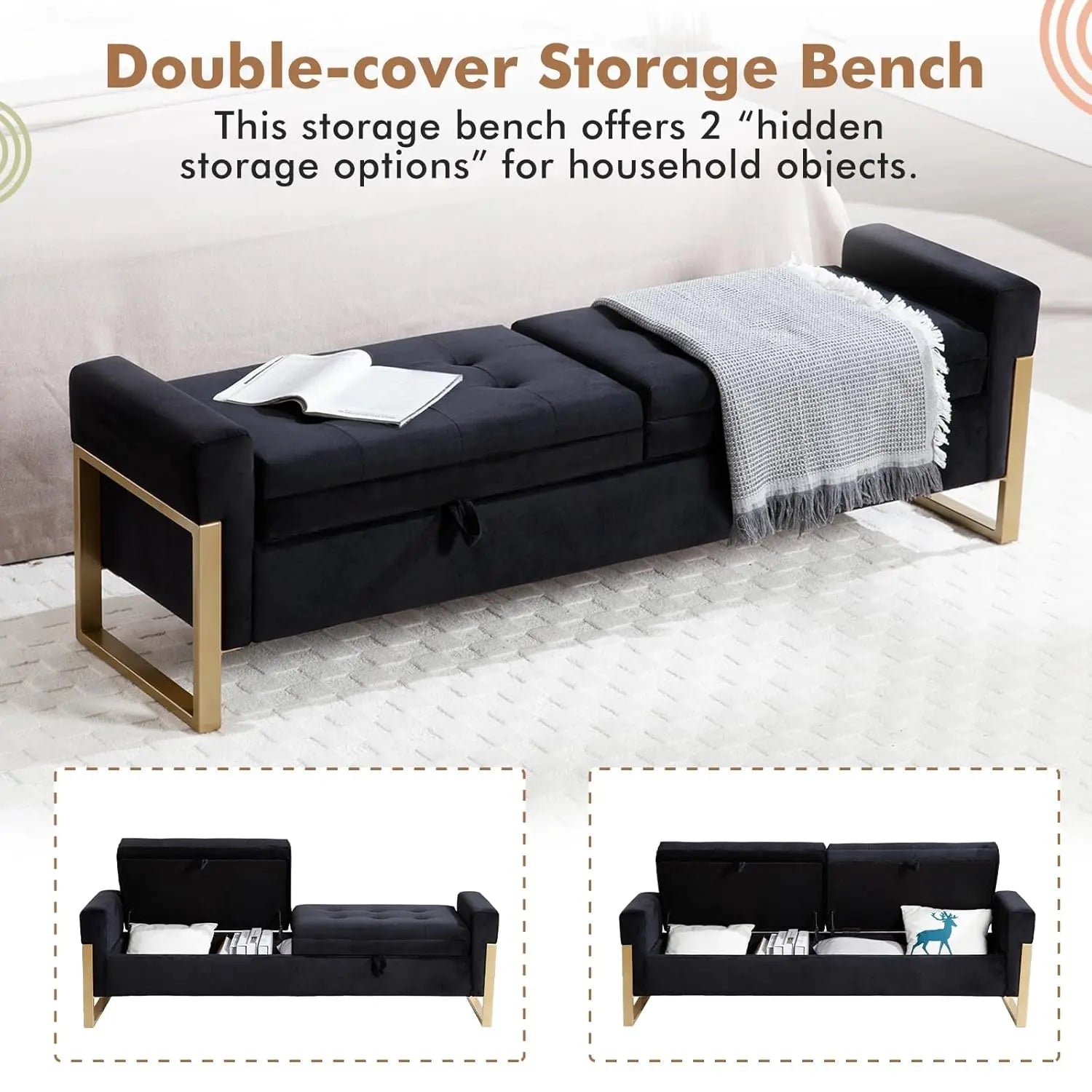 67" End of Bed Ottoman Storage Bench Golden Legs
