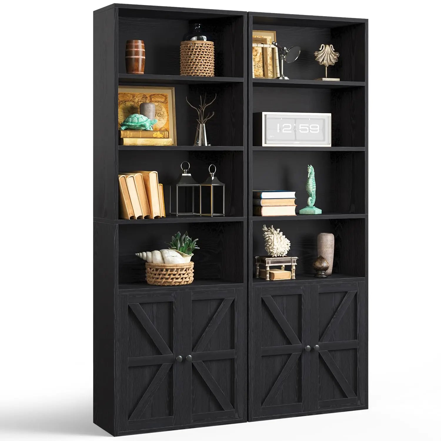 Set of 2, 71.5" 6-Tier Wooden Bookcase, Cabinet Doors,