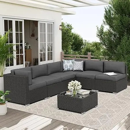 7-Piece Patio Sofa Black Rattan Wicker, Glass Top Table, Cushions