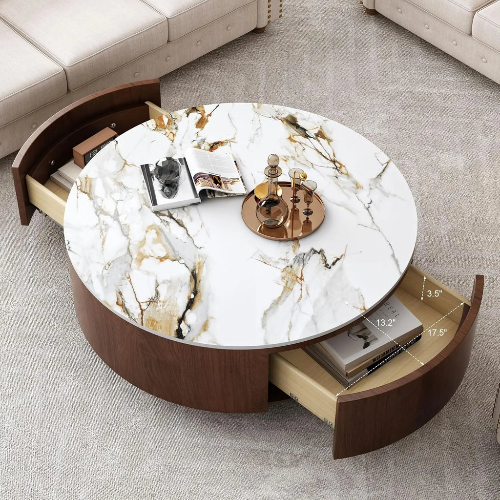 Round Coffee Table, Storage, 2 Drawers and Faux Marble Tabletop, Circle