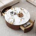 Round Coffee Table, Storage, 2 Drawers and Faux Marble Tabletop, Circle