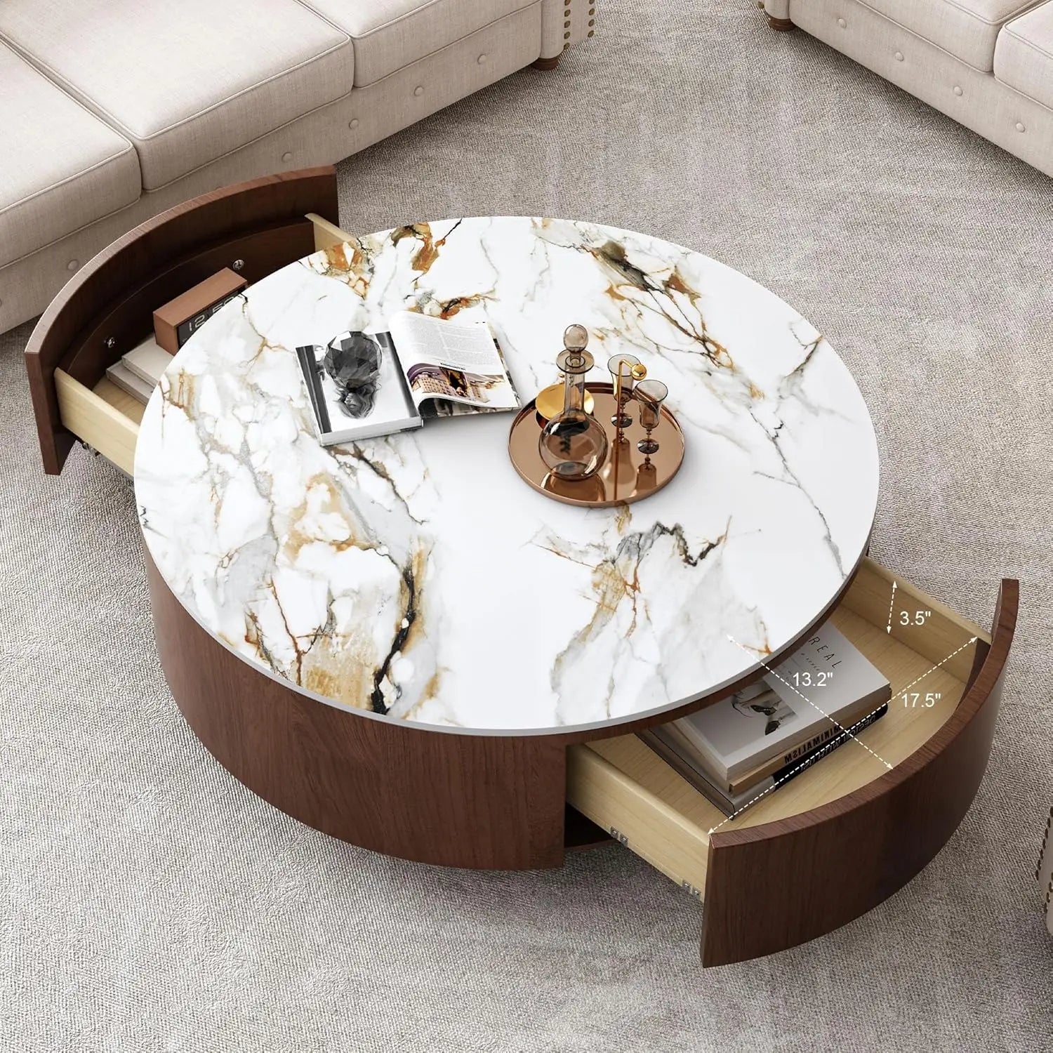 Round Coffee Table, Storage, 2 Drawers and Faux Marble Tabletop, Circle