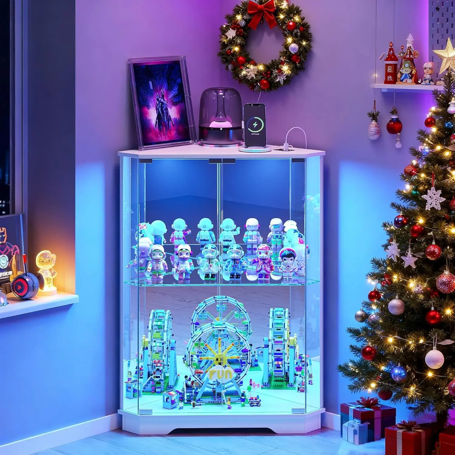 2-Tier Corner Display Cabinet Glass Doors, 3-Color LED Lights Charging Station
