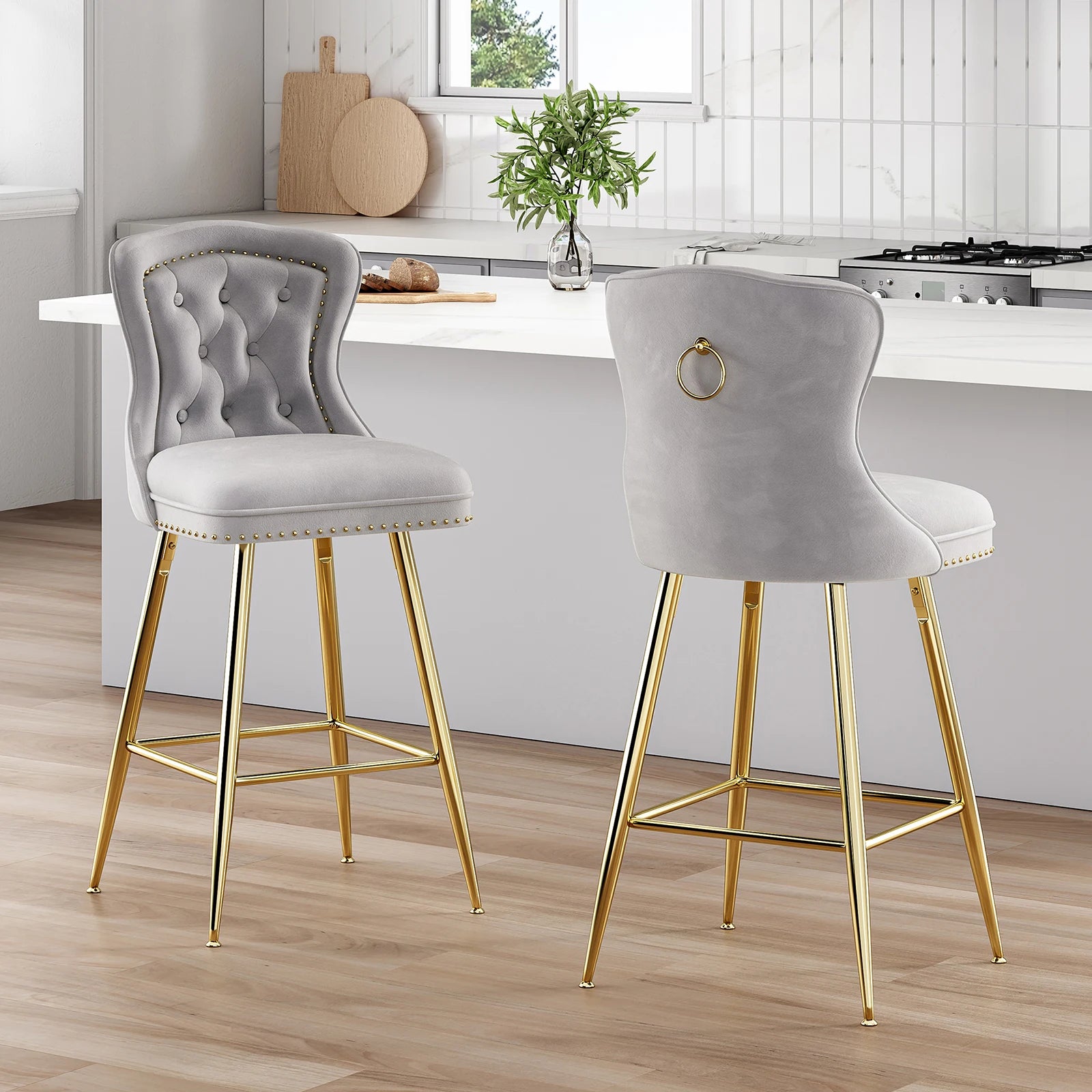 2-Set Bar Stools, Counter Height, Metal Legs, Button Tufted, Nail Heads