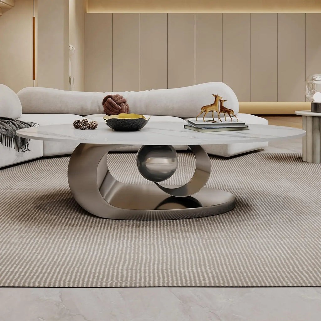 Coffee Table, Silver Stainless Steel Pedestal Oval Faux Marble Top.