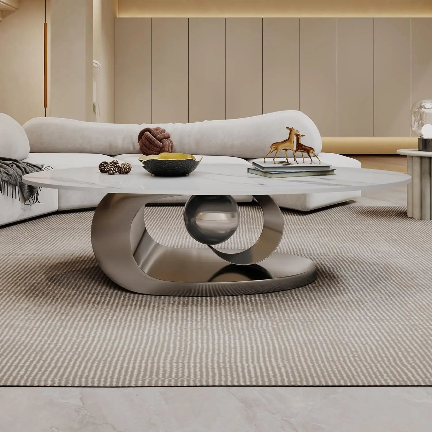 Coffee Table, Silver Stainless Steel Pedestal Oval Faux Marble Top.